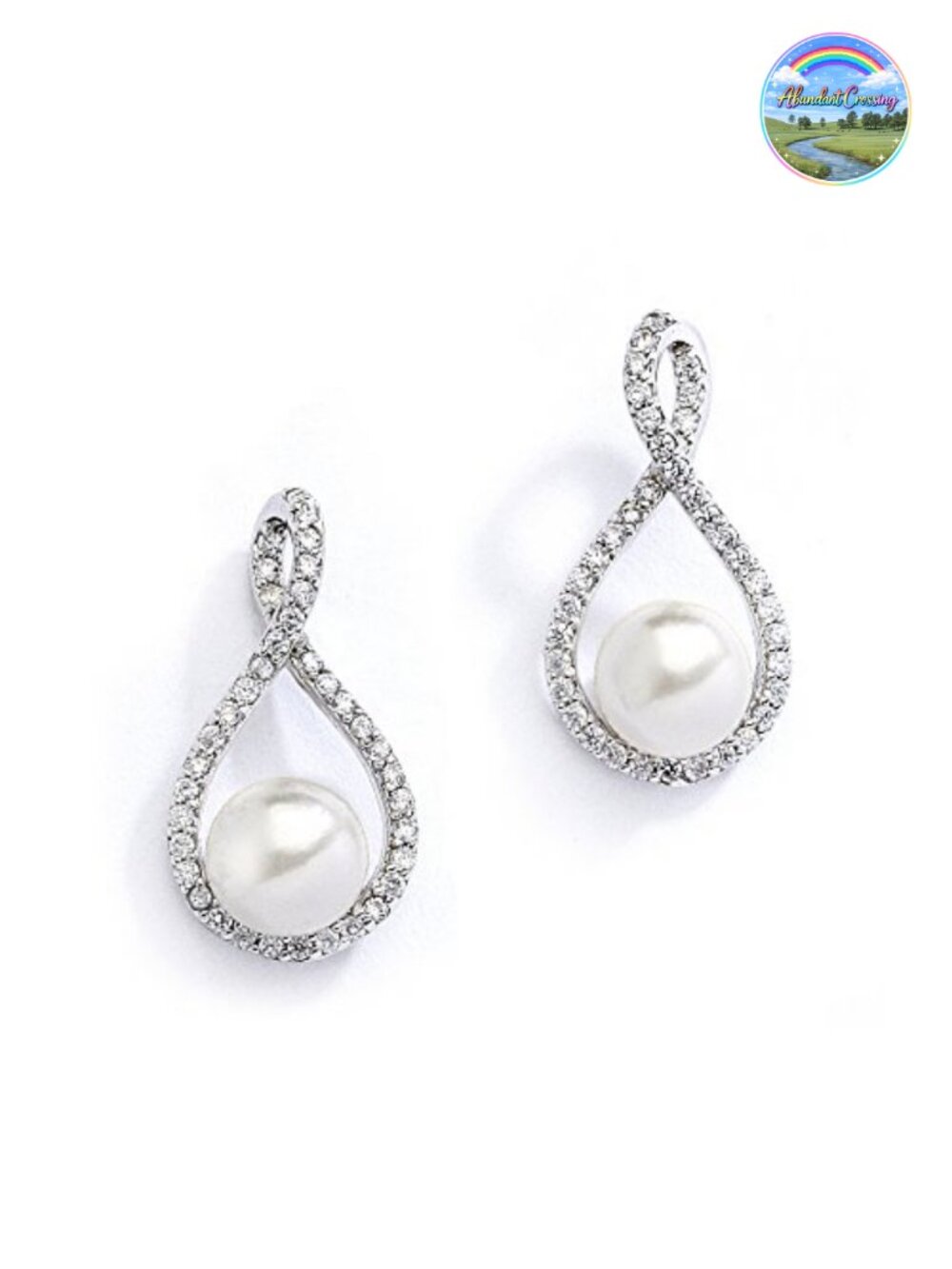 Pearl Drop Earrings Micro Pave Cubic Zirconia Platinum Rhodium Infinity